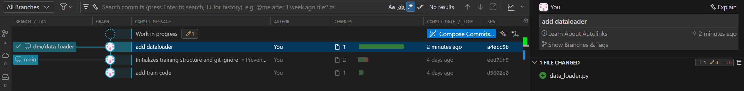 GitLense view of new files commited