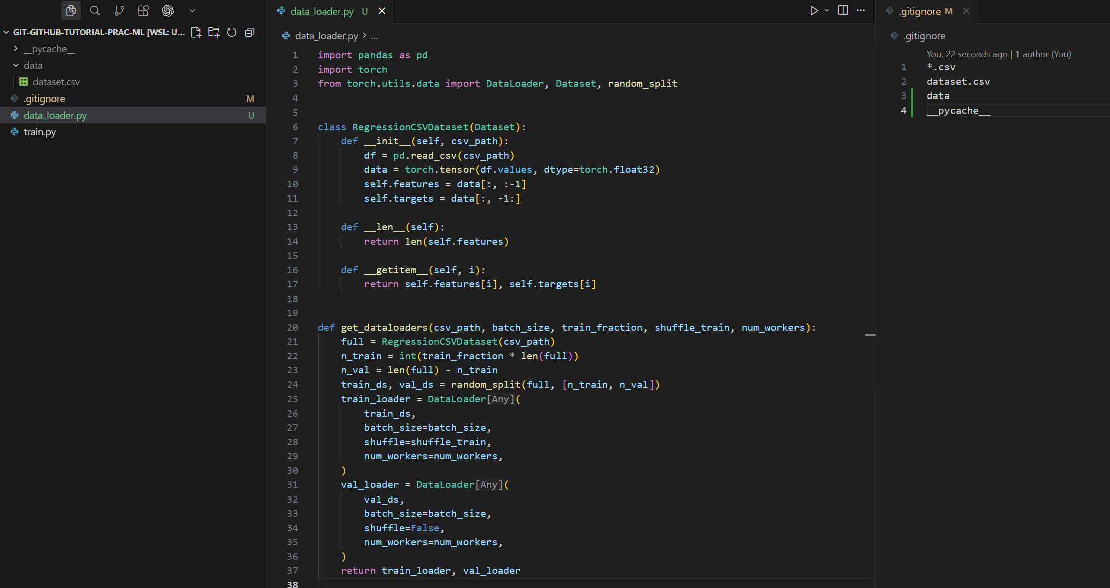 VS Code view of new files and changes
