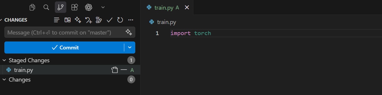 vs code status when a file is staged