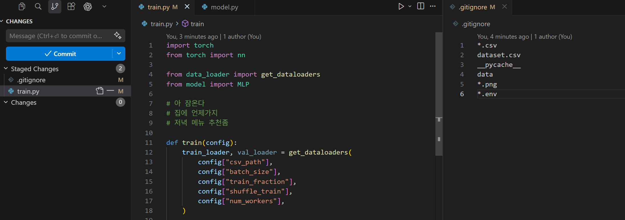 VS Code view of staged changes